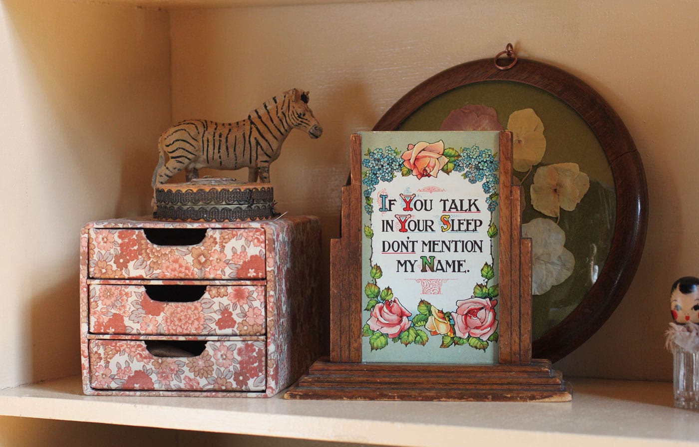 Floral fabric box and 1930s picture frame