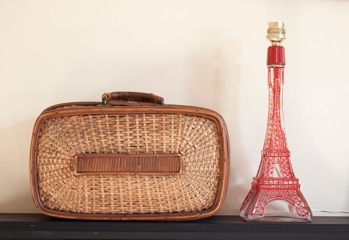 Vintage French basket and Eiffel Tower lamp